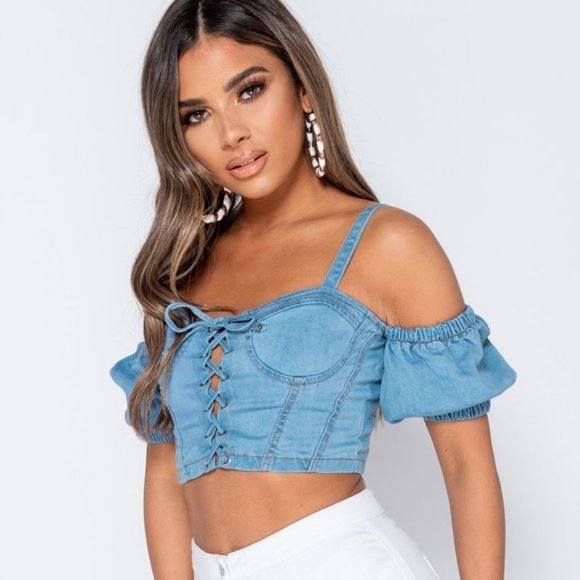 Denim Jeans Cold Shoulder Bustier Crop Top - Picture 4 of 13